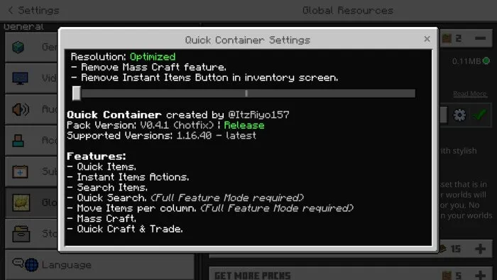 Quick Container Addon screenshot