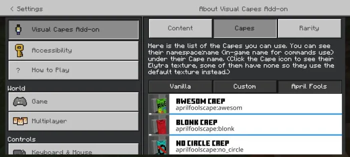 Visual Capes Add-on screenshot